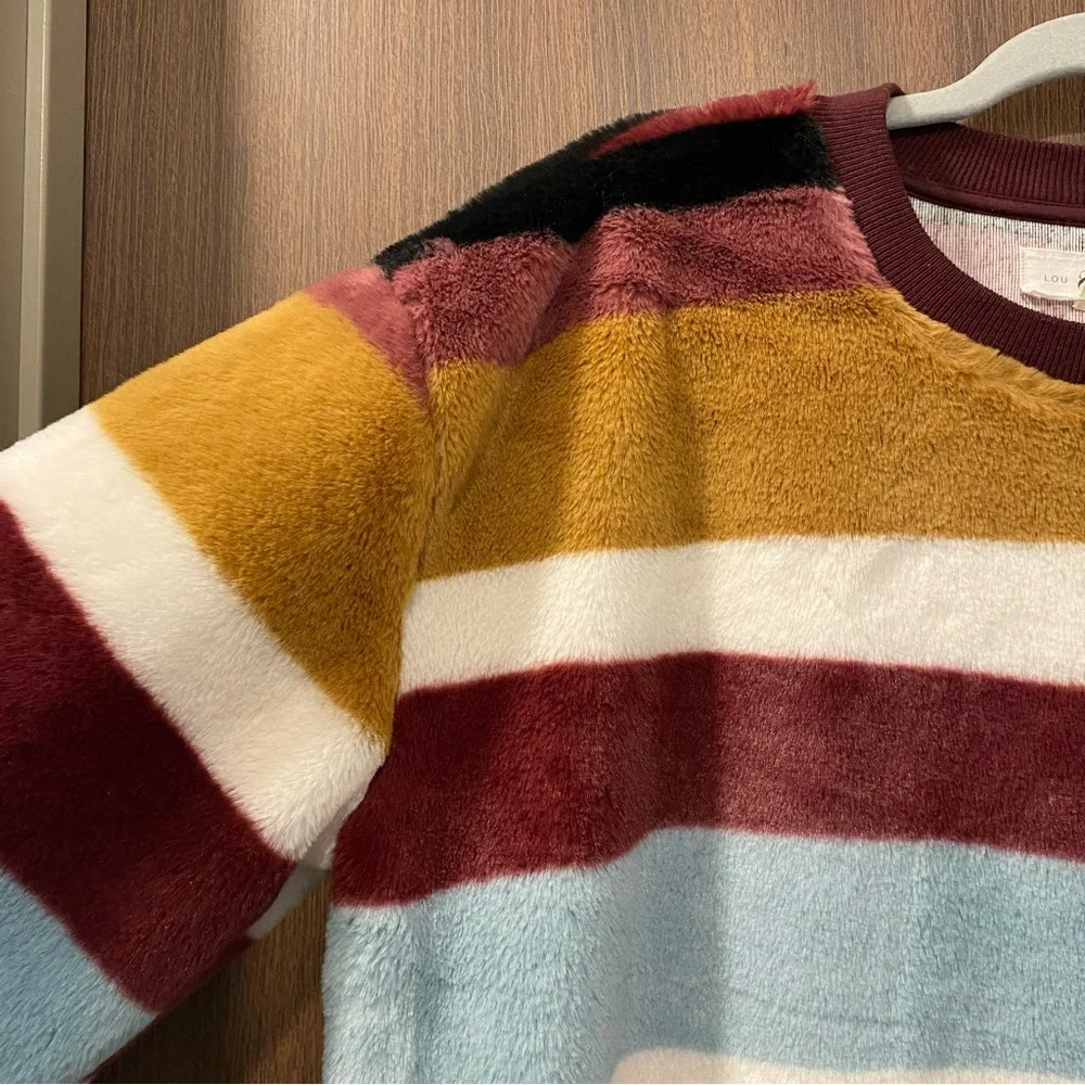 Lou‎ & Gray Faux Fur Striped Pullover Sweater Size Large Crewneck Ribbed Trim - Picture 5 of 14